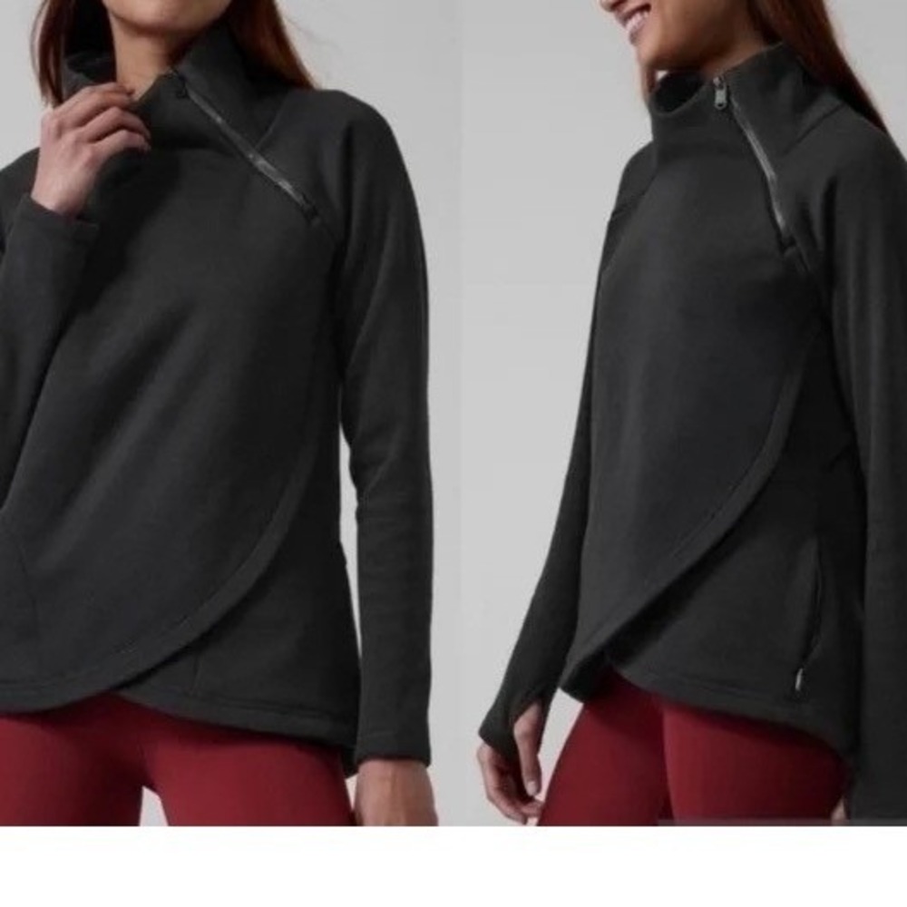 Athleta Cozy Karma Asymmetrical Mock Neck Pullover Sweatshirt Black Size S